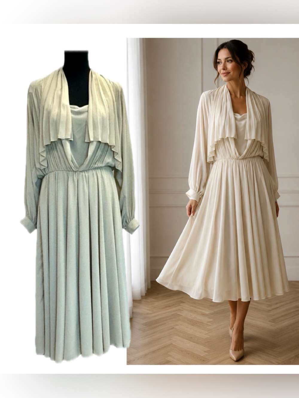 Wayne Clark Aline Marelle Vintage beige cream pleated midi dress Sz 12